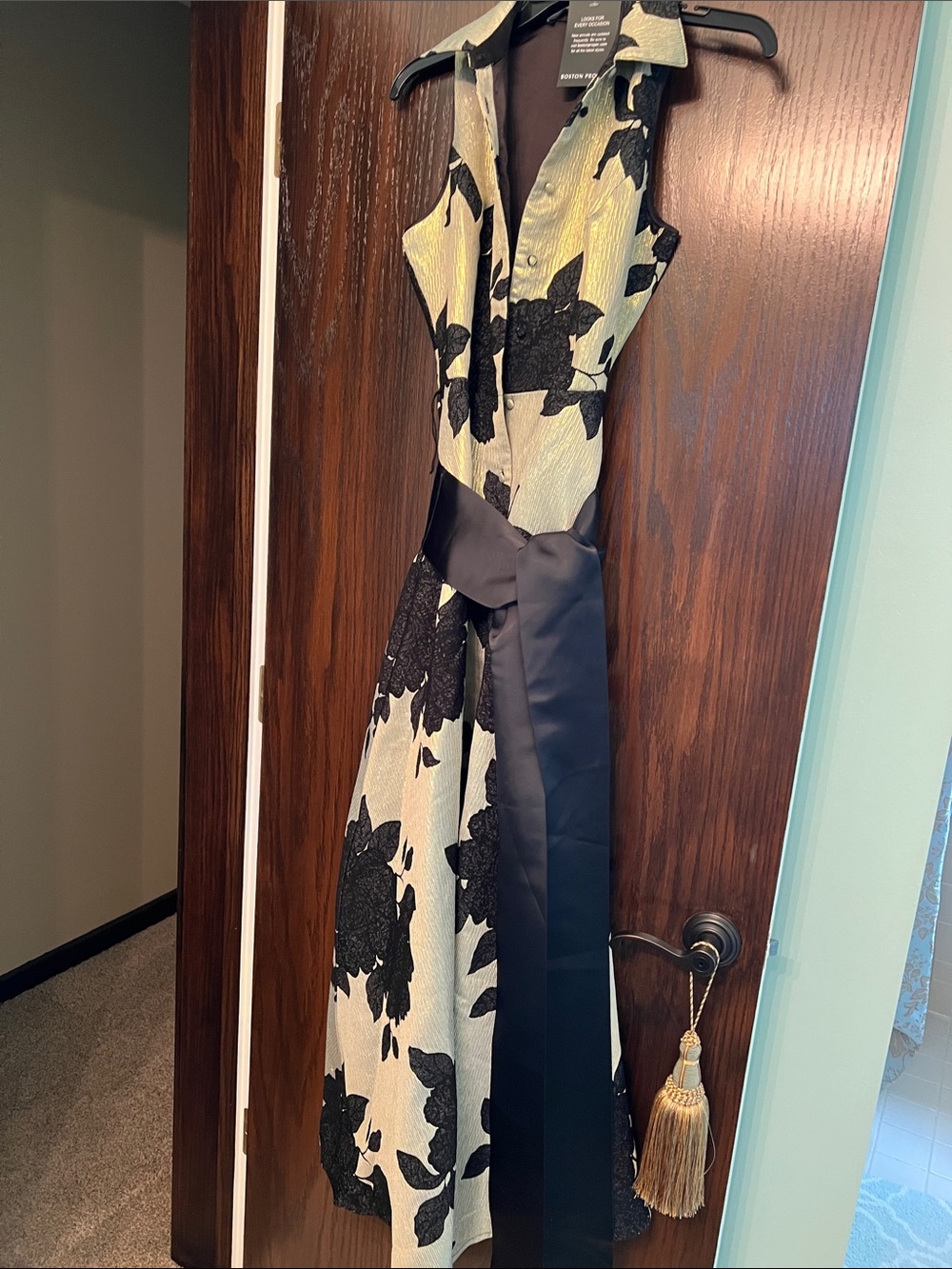 Boston Proper Ivory Maxi Dress with Black Floral Appliqué and Black Satin Sash
